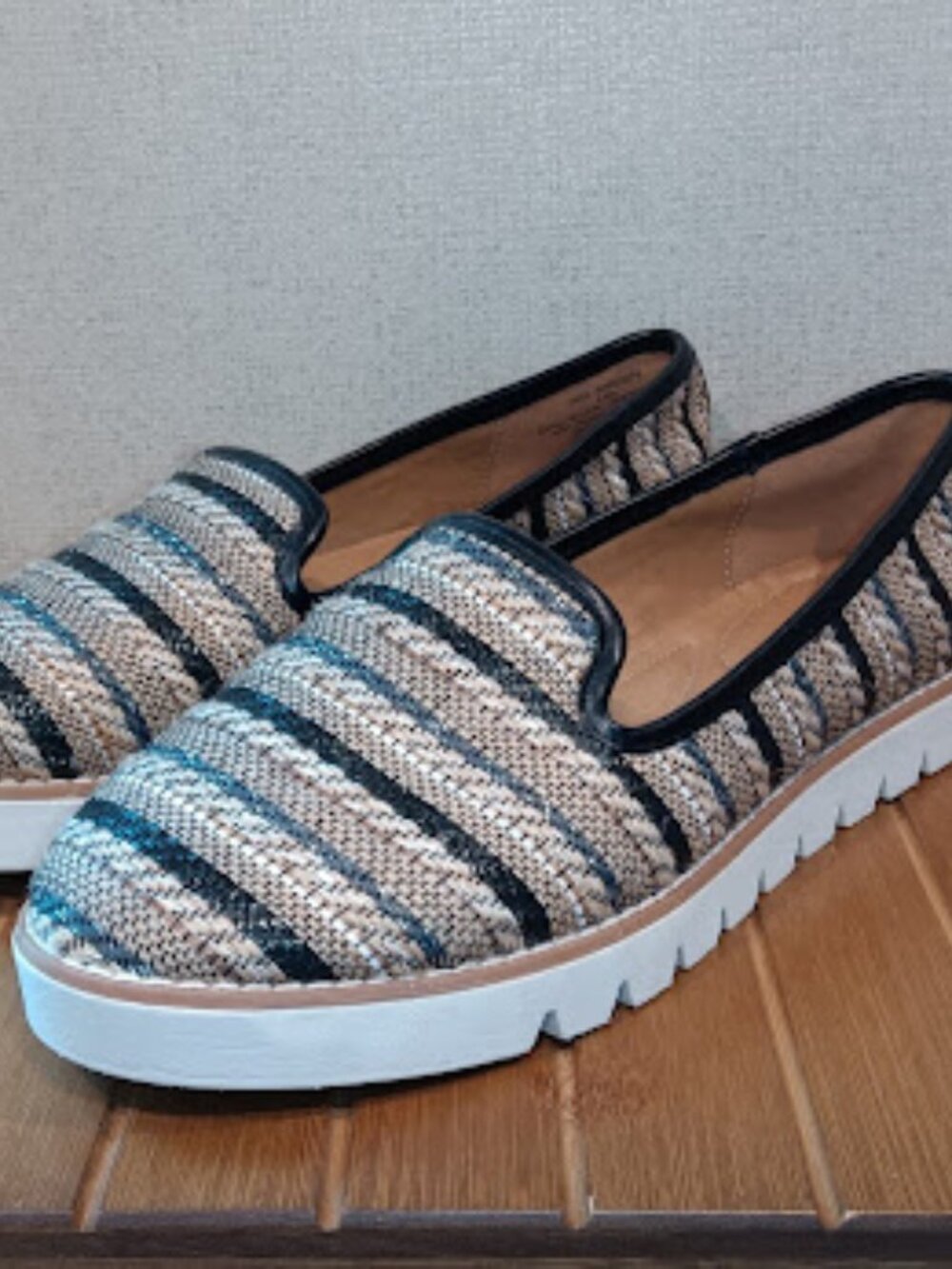 New Directions Women's 8.5M Loafers Kate Black/Khaki Multi Striped Slip On Shoes
